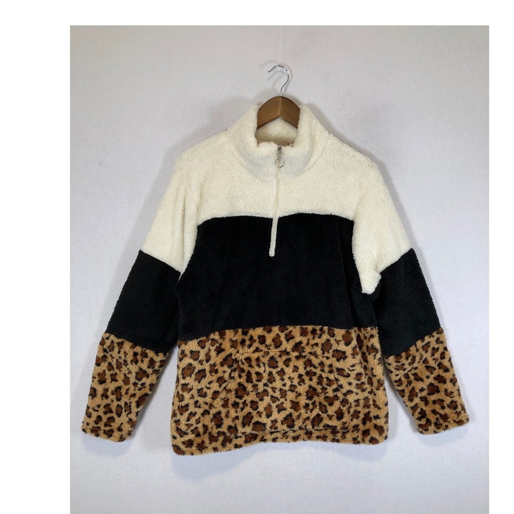 Cozy Leopard Le Moda‎ Women XL Multicolor Colorblock Sherpa Quarter Zip Pullover